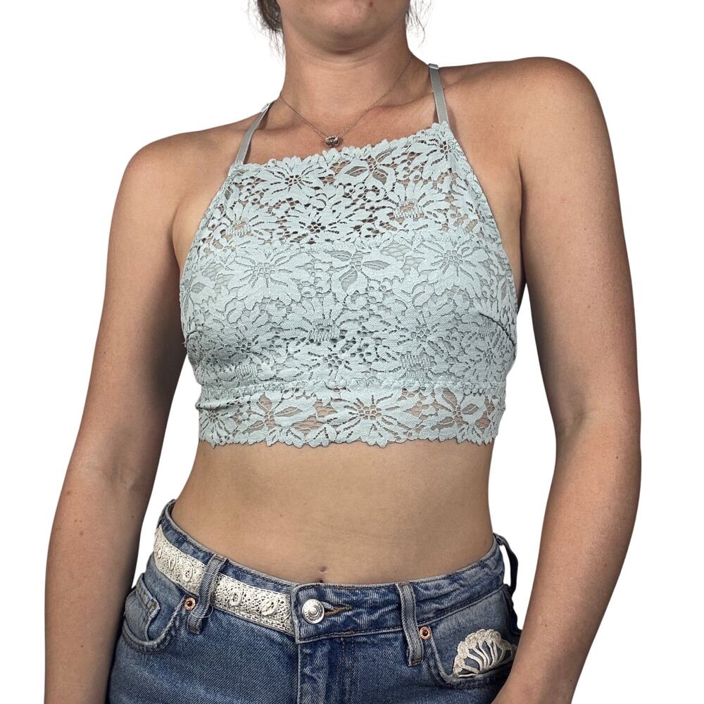 Aerie Wildflower Lace Unlined Halter Bralette Light Blue Mint Floral Small